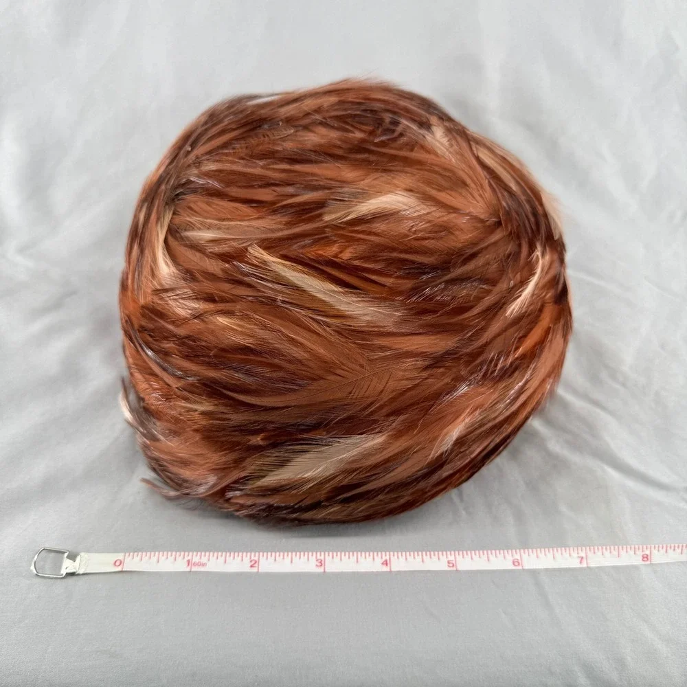 Vintage Union Made Feather Pillbox Hat Rust Copper Brown 1950s 1960s MCM USA